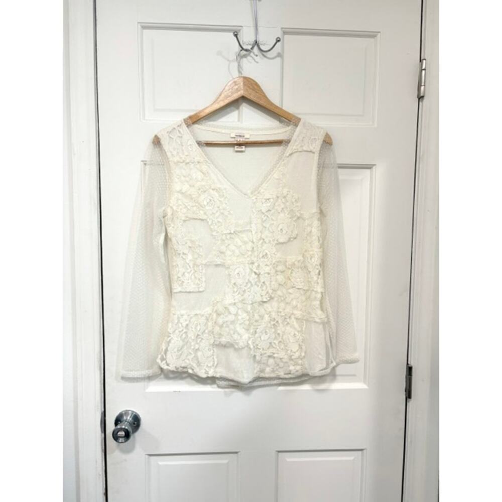 Sundance Lace Patchwork Blouse Small Cream Sheer Mesh Long Sleeve V-Neck Top - Picture 2 of 12